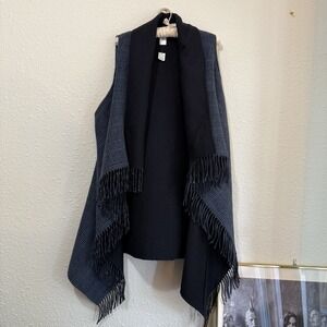 Talbots Vest Blue Plaid Wrap Women's M/L Draped Open Front Fringe Wool Blend NEW